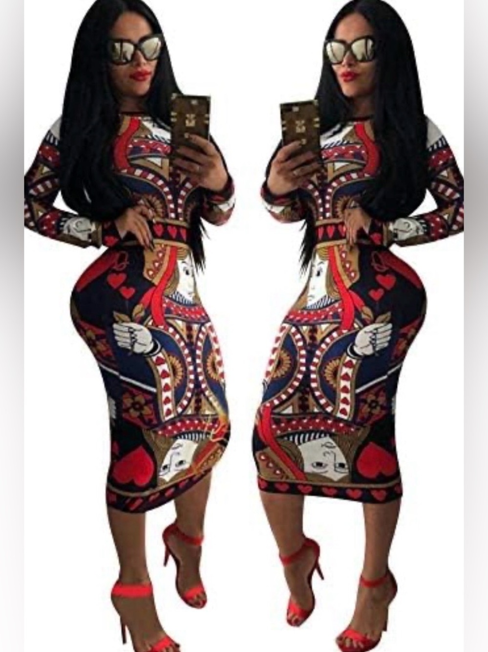 Queen of Hearts Bodycon Midi Long Sleeve Dress NWT Women Small S
